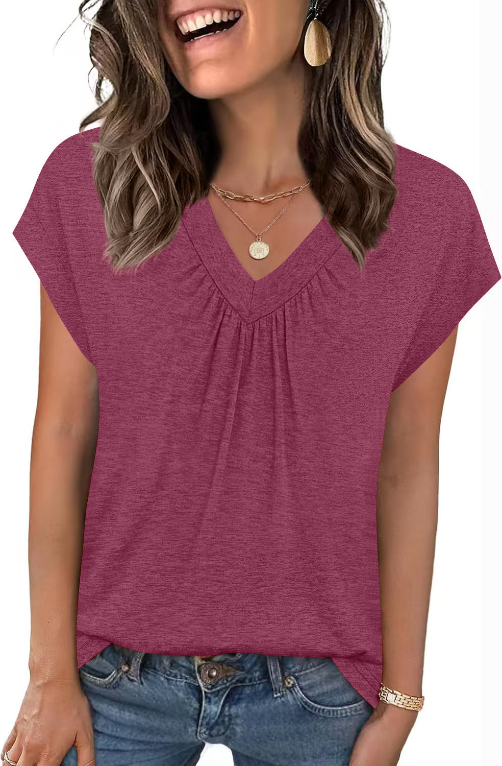 Heather Knit Tunic Top Casual V Neck Tee