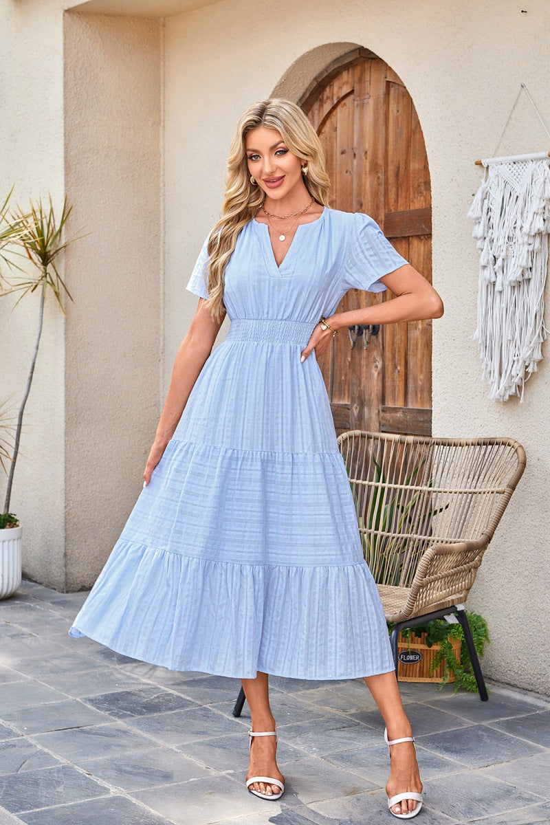 V Neck Smocked Puff Sleeve Flowy Midi Dress for Women