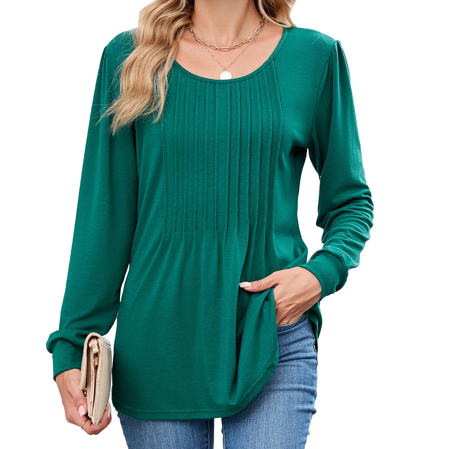 Women's Pleated Front Long Sleeve Tunic Top Loose Fit