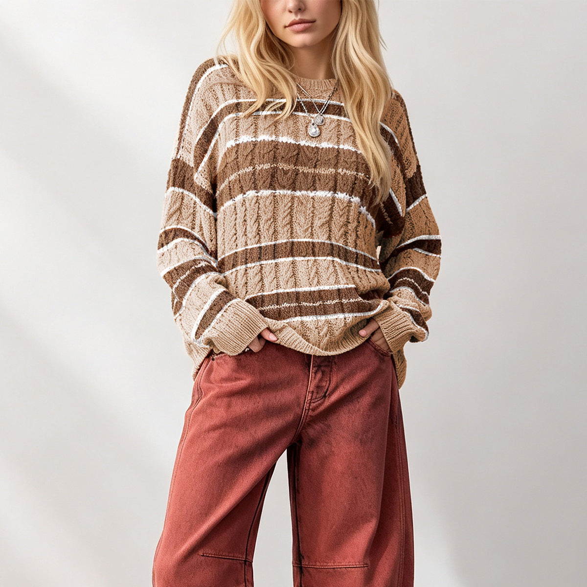 Women's Oversized Cable Knit Striped Crew Neck Sweater