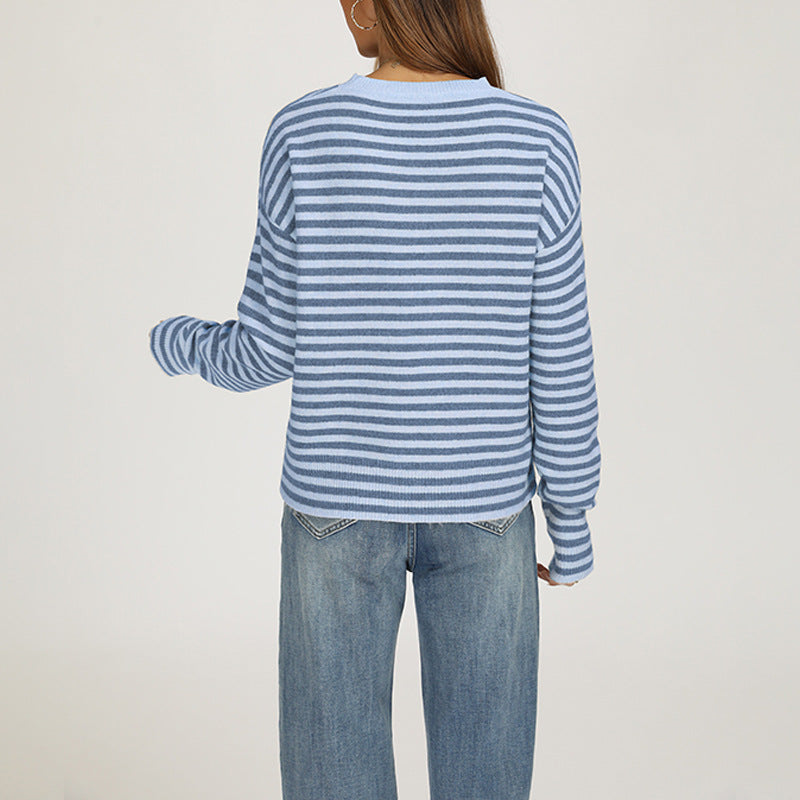 Striped Knit Sweater Shawl Detail Oversized Casual Pullover