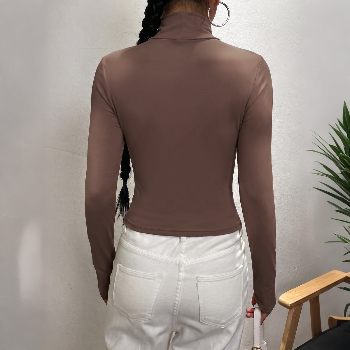Brown Mock Neck Long Sleeve Fitted Crop Top
