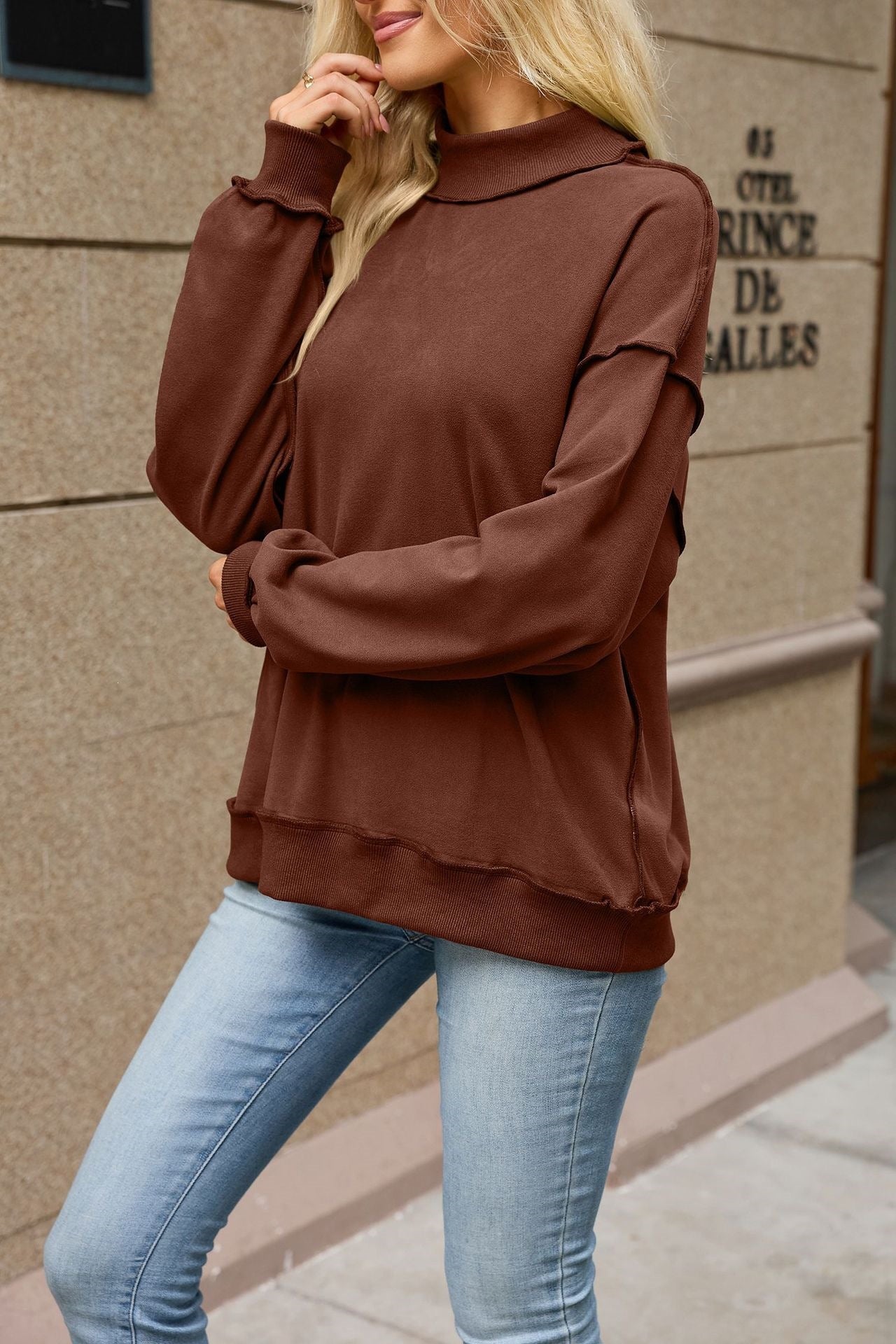 Mock Neck Exposed Seam Oversized Sweatshirt