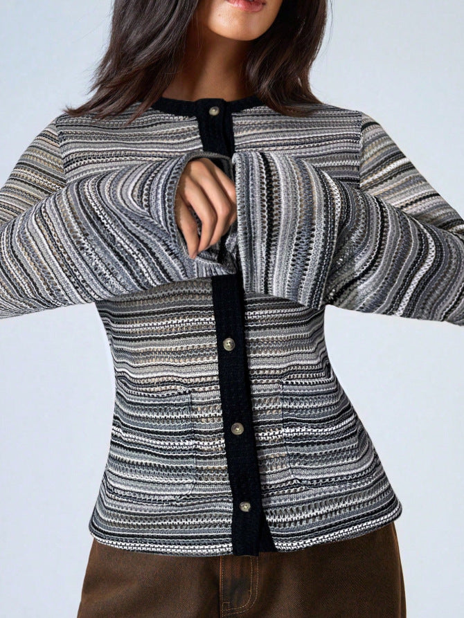 Striped Flare Sleeve Fitted Mock Neck Cardigan