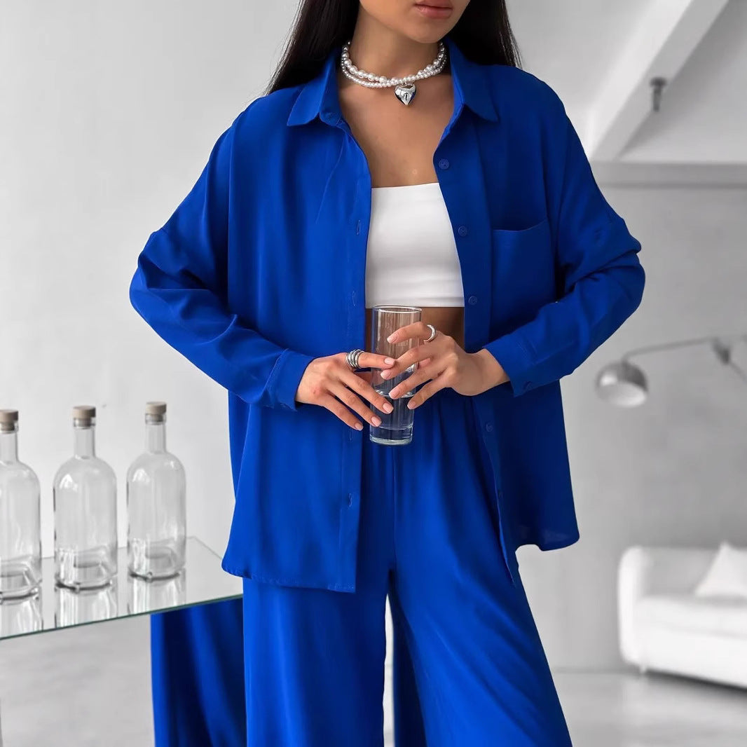 Two Piece Pants Set with Button-Down Shirt & Wide-Leg Pants