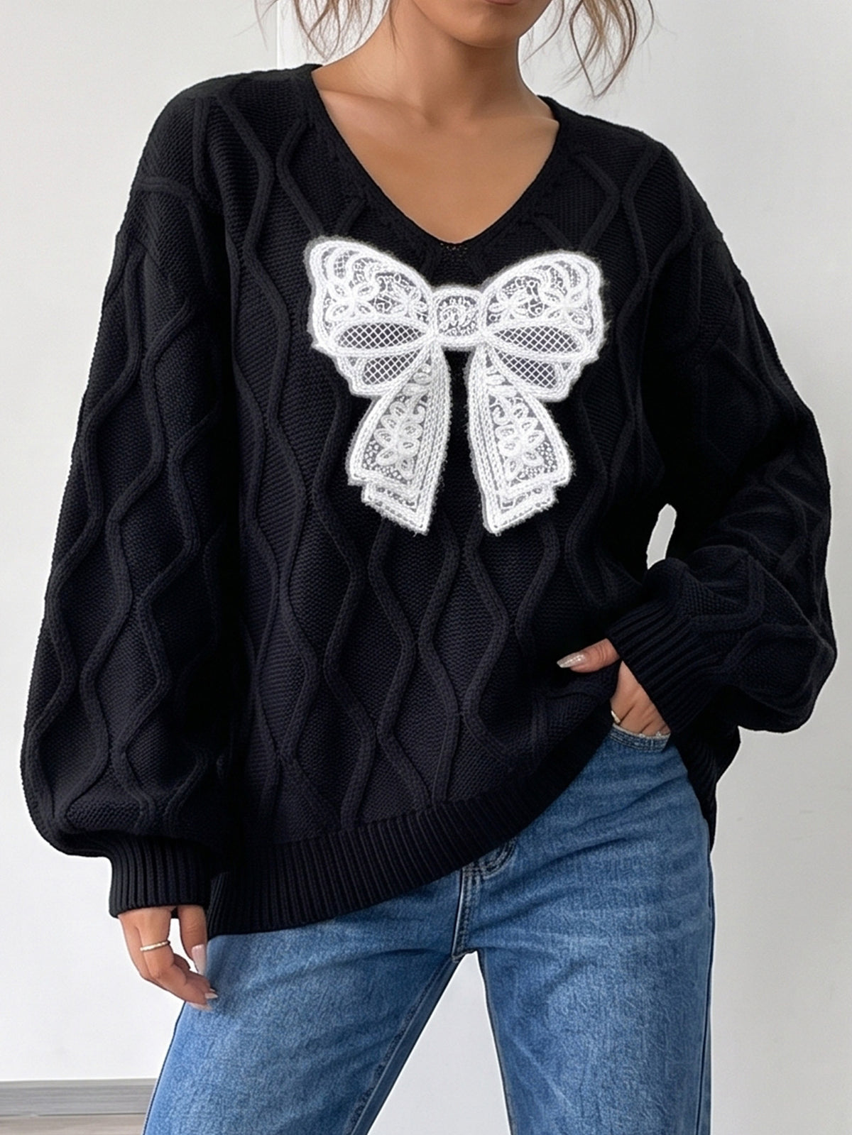 Women's Lace Bow Cable Knit V-Neck Balloon Sleeve Sweater