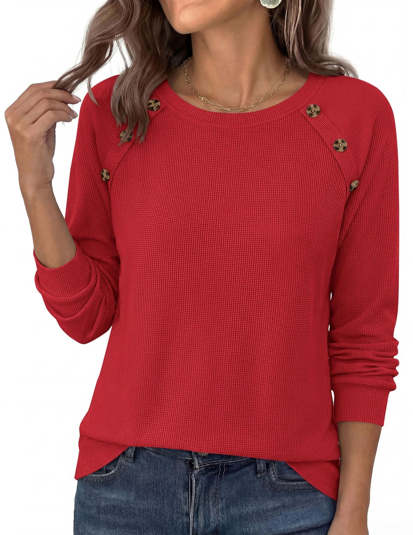 Waffle Knit Button Detail Top Long Sleeve Casual Pullover