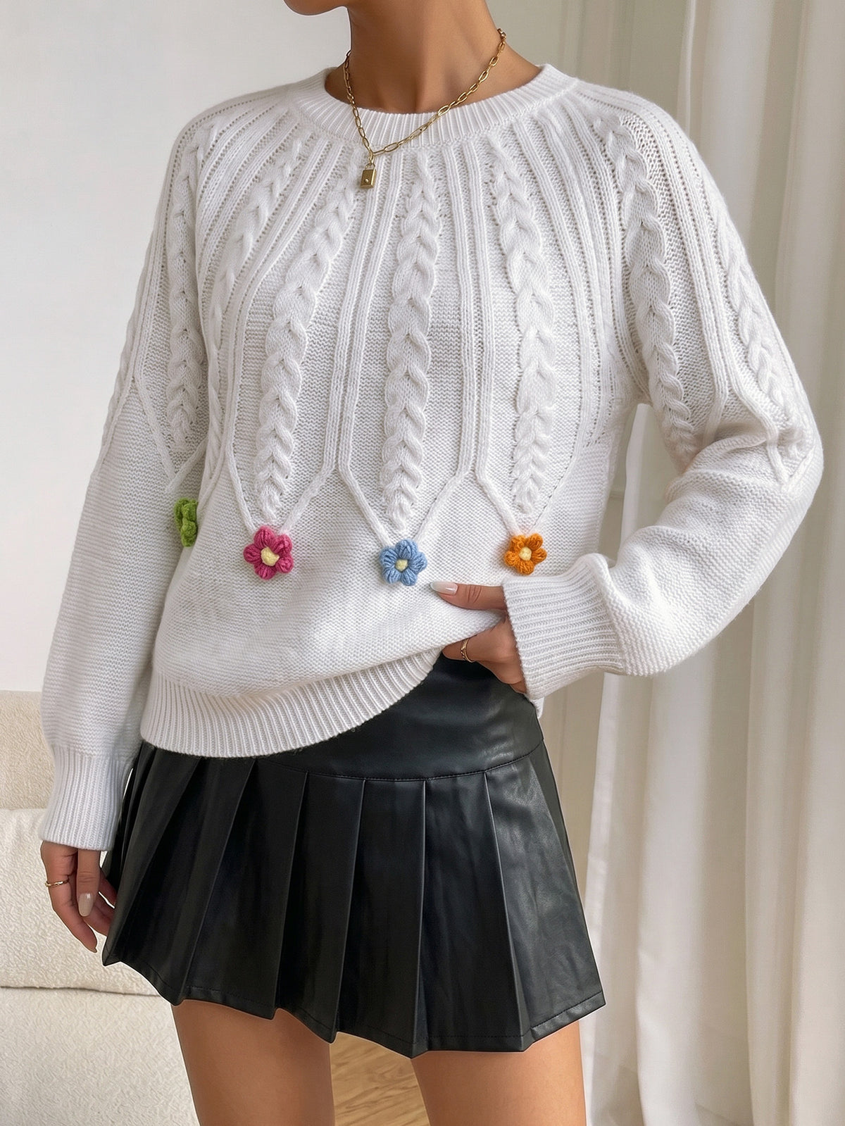 Women's Cable Knit Balloon Sleeve 3D Floral Sweater