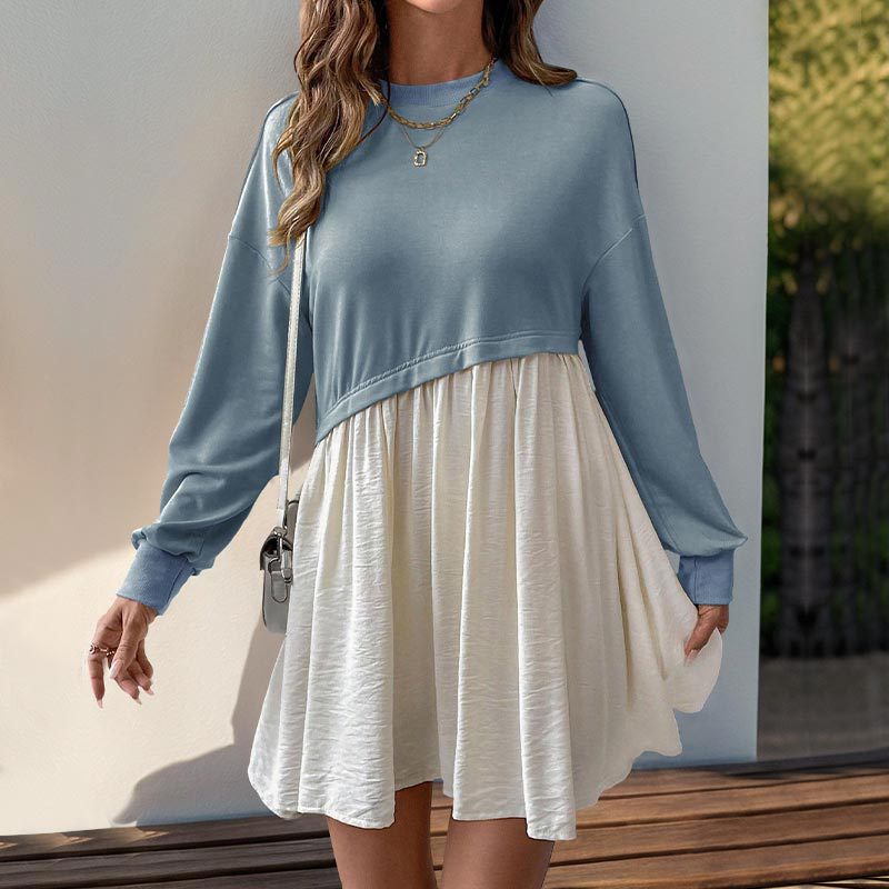 Color Block Long Sleeve Casual Loose Fit Mini Dress