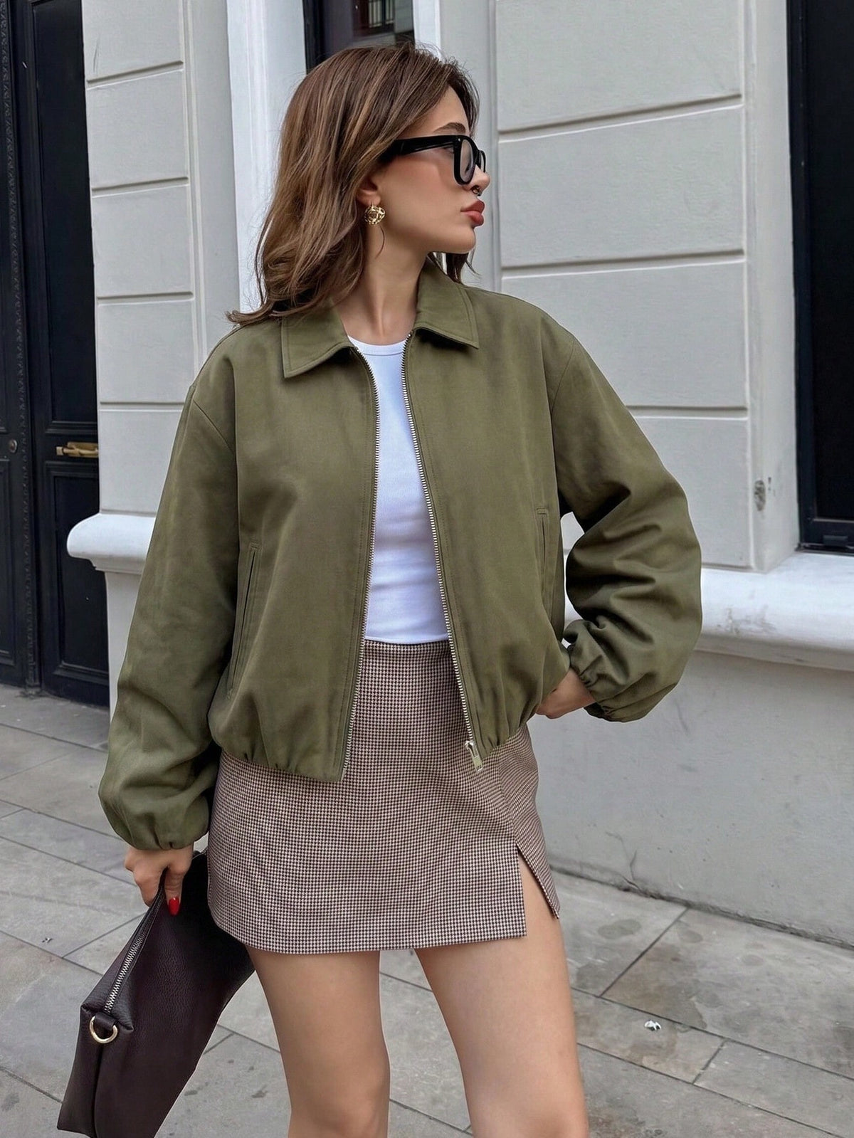 Oversized Cropped Collared Zip Up Jacket Vintage Streetwear