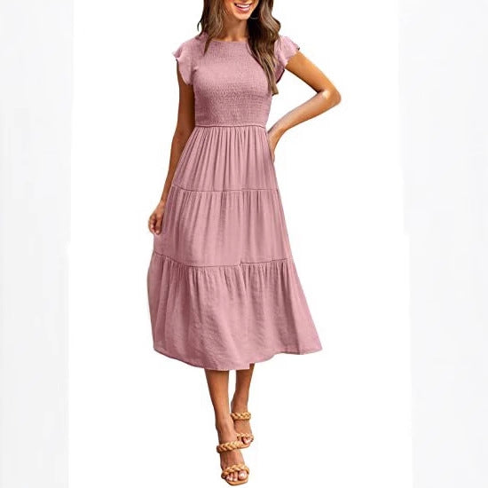 Smocked Waist Flutter Sleeve Tiered Midi Dress for Women
