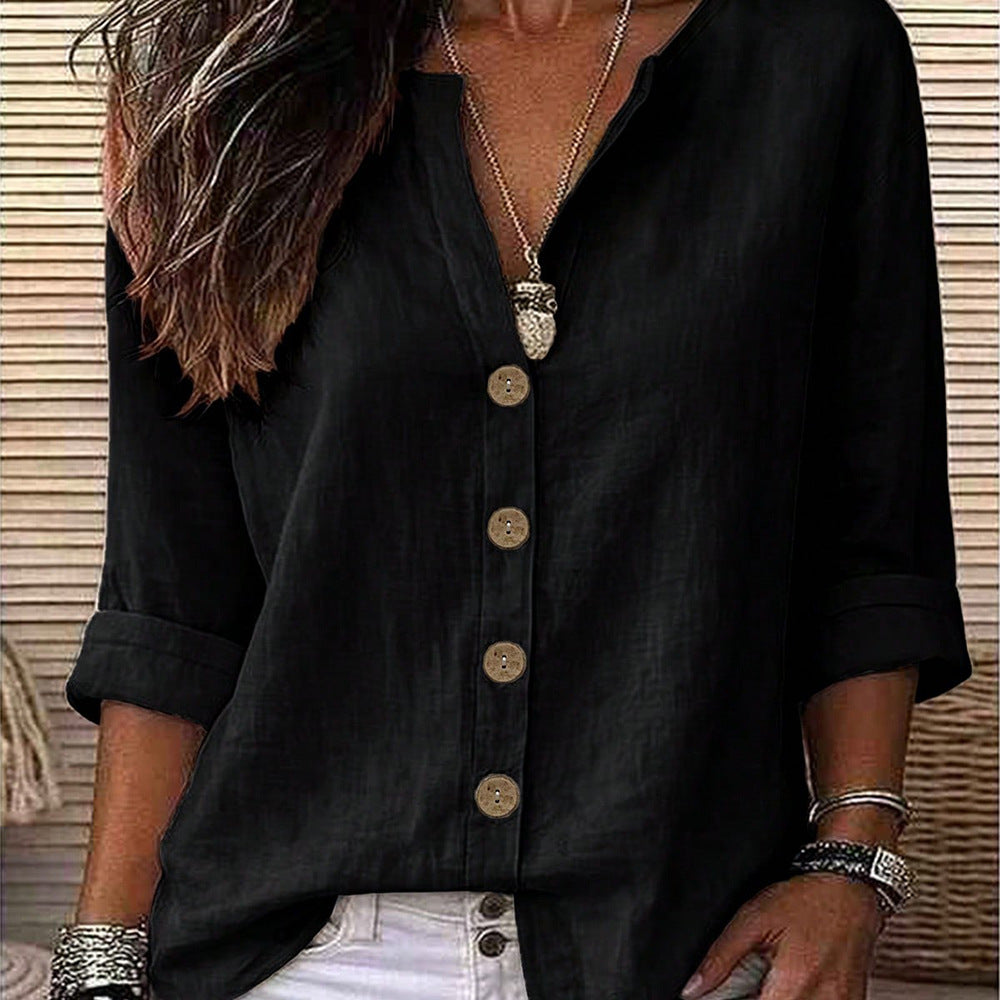 Women's Relaxed V-Neck Button Up Roll Sleeve Blouse
