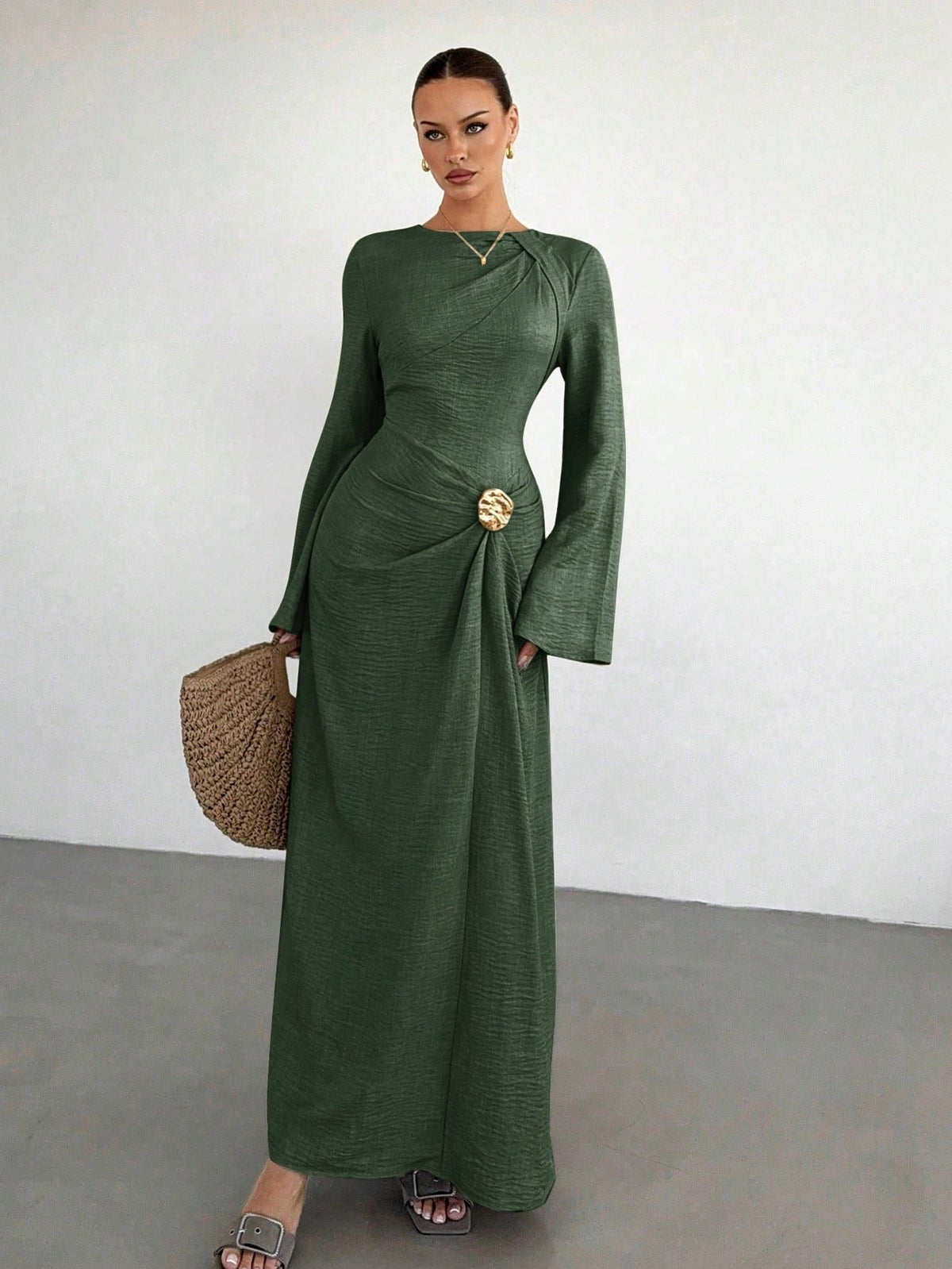 Women's Bell Sleeve Ruched Maxi Dress Gold Button