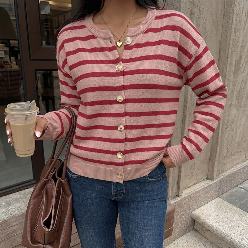 Striped Cotton Cardigan Button Front Oversized Casual Style