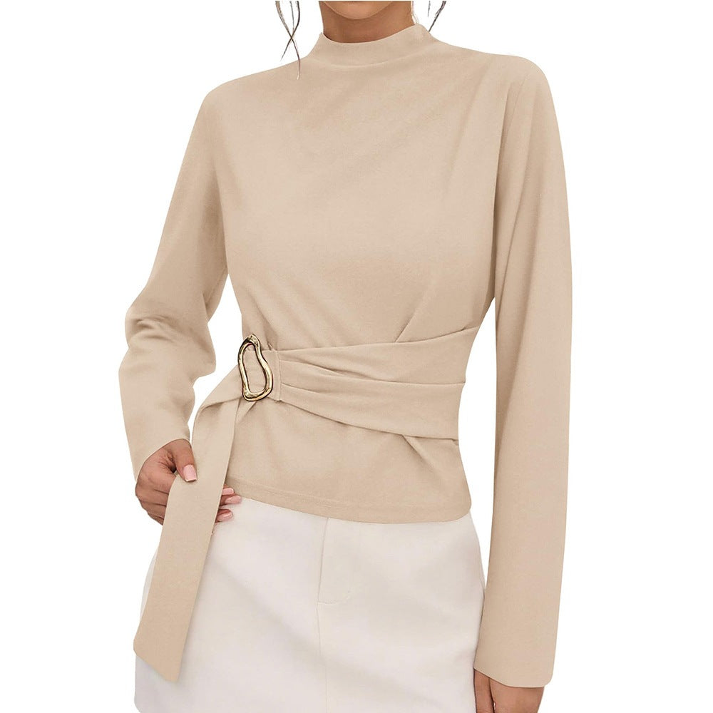 Solid Ponte Top Mock Neck Blouse Belted Slim Fit Elegant