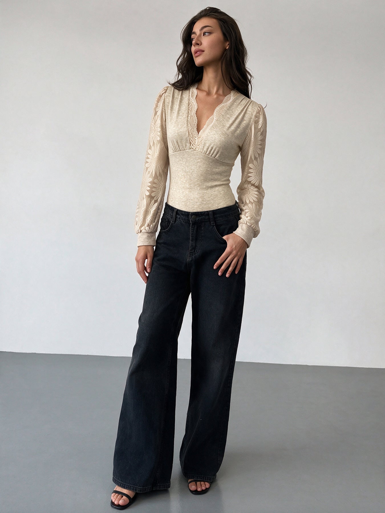 Lace Trim V Neck Knit Bodysuit Long Sleeve Top