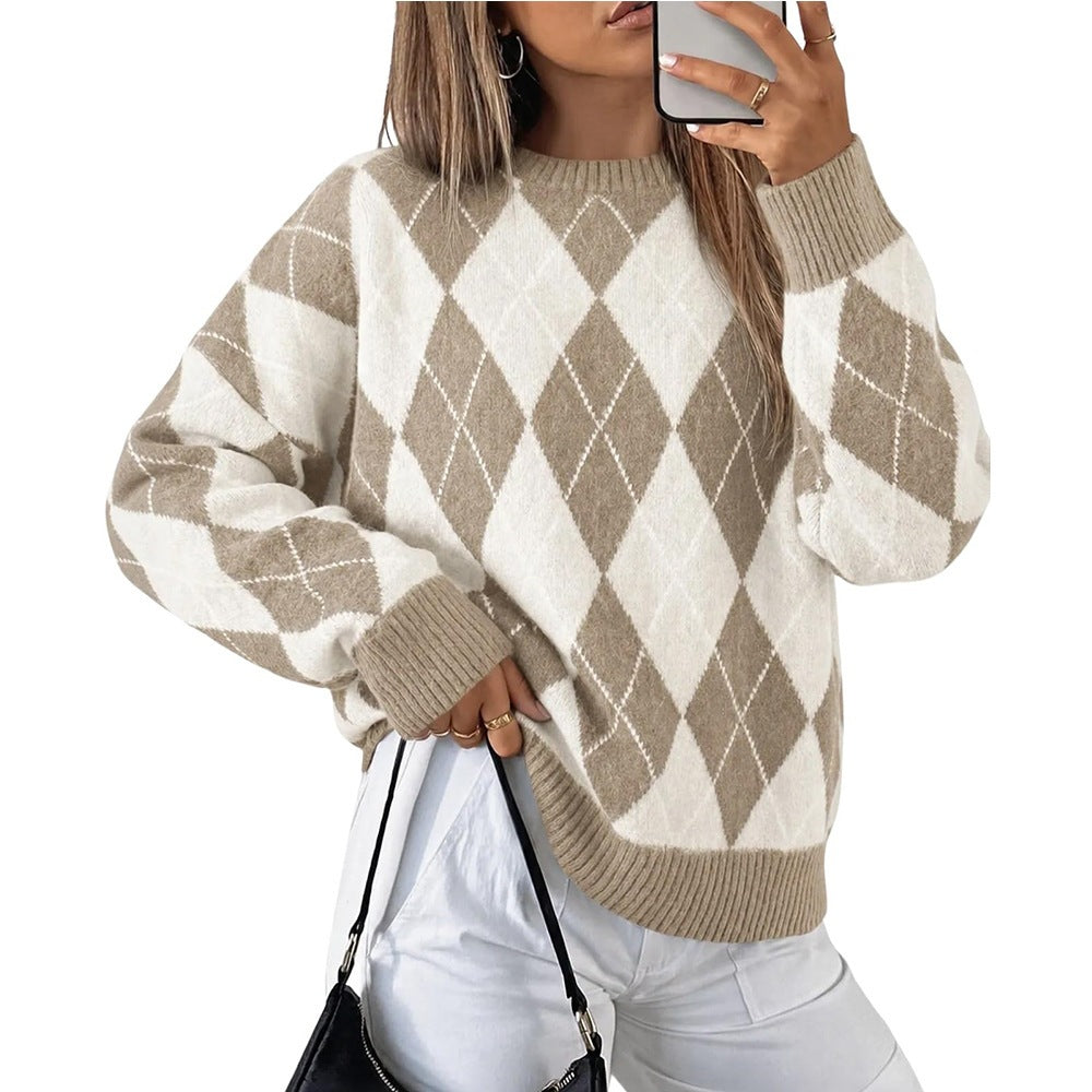 Women's Oversized Argyle Colorblock Crewneck Sweater