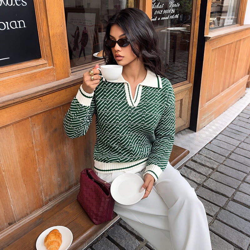 Contrast Polo Neck Knit Sweater Half Zip Casual Pullover