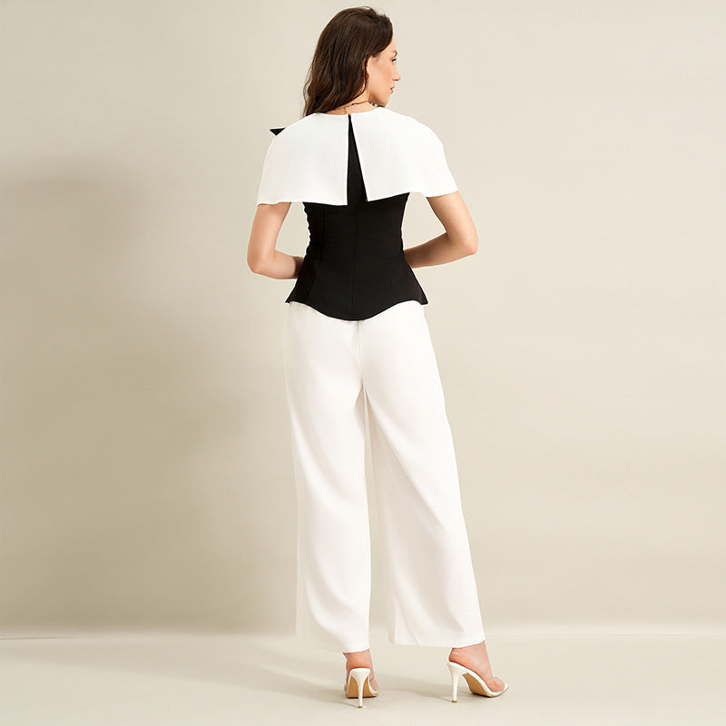 Elegant Black White Contrast Two Piece Pant Set