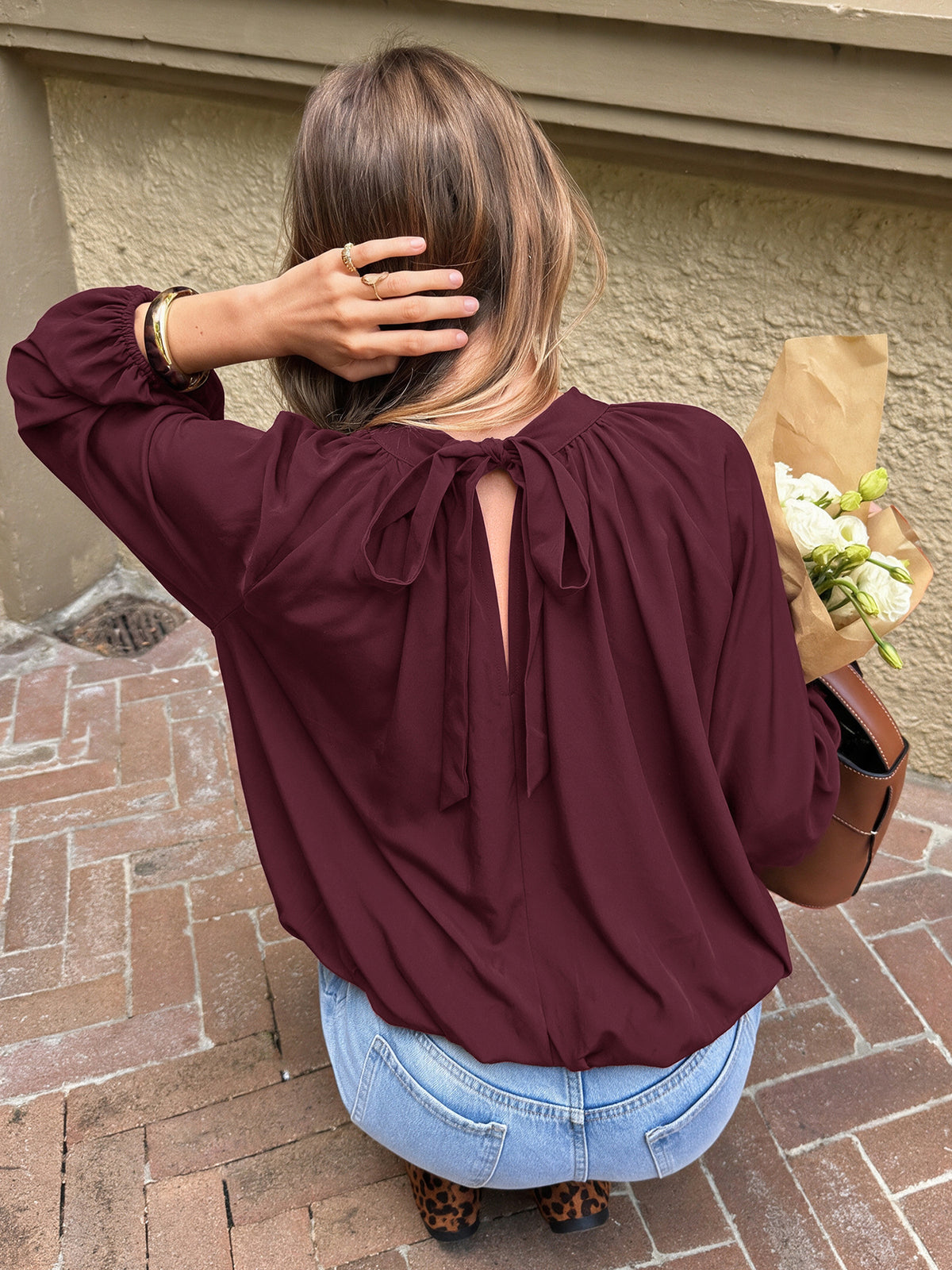 Tie Neck Mock Neck Blouse Gathered Long Sleeve Top