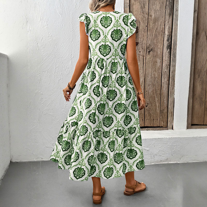 Loose-Fit Deep V-Neck Floral Print Maxi Dress - Stylish and Comfortable Women's Long Dress
