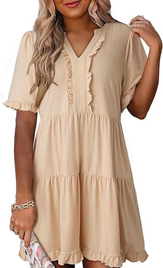 Green V Neck Ruffle Trim A Line Tiered Mini Dress
