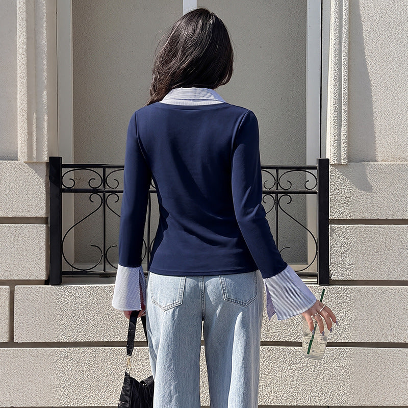 Contrast Collar V Neck Flare Sleeve Knit Top