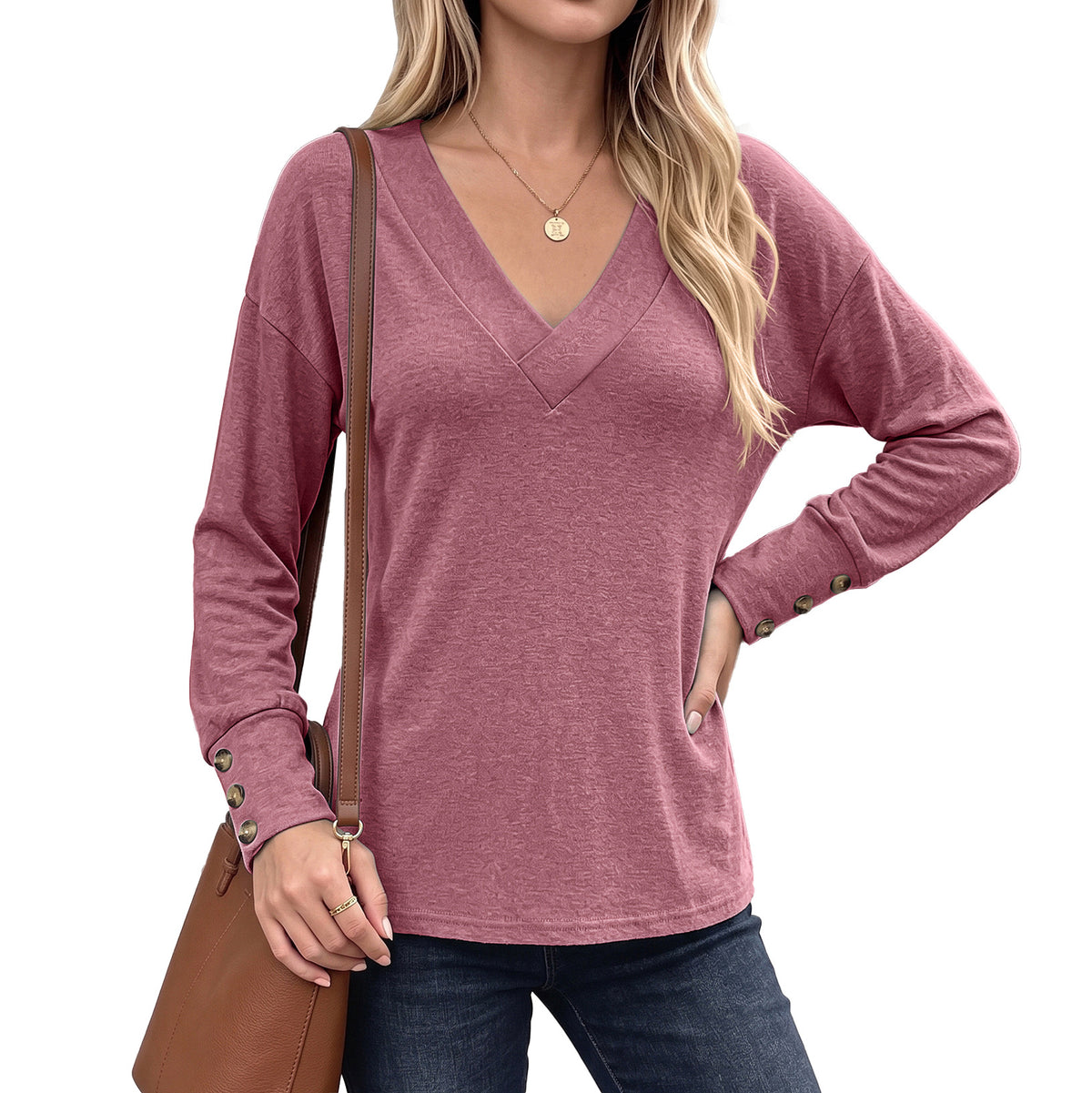 Womens V Neck Long Sleeve Button Cuff Loose Tunic Top