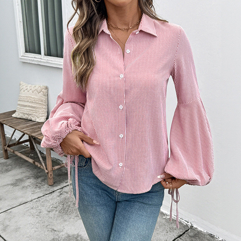 Striped Lantern Sleeve Button Down Blouse for Women