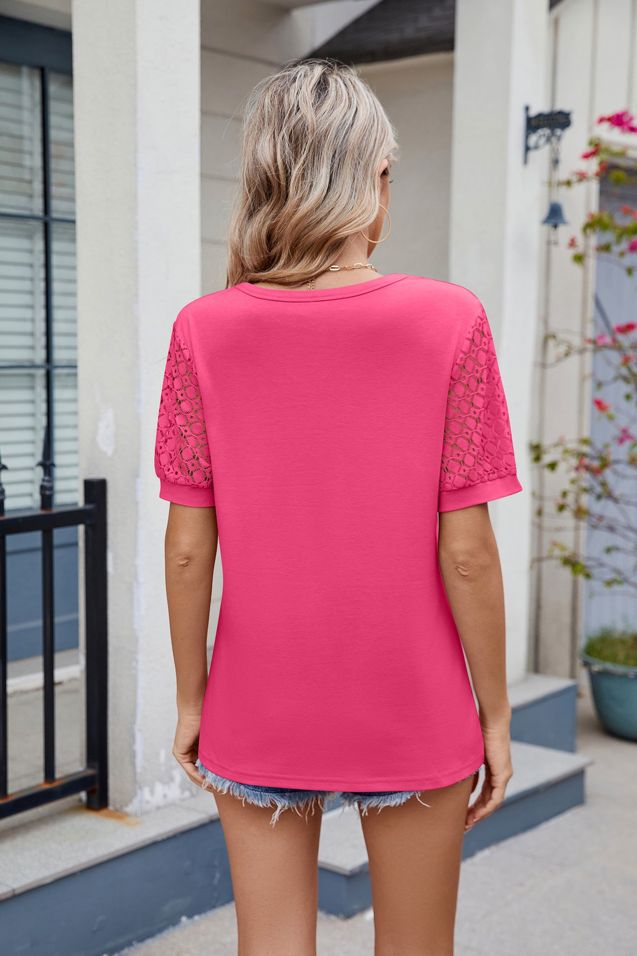 V-Neck Lace Sleeve Relaxed Fit Short Sleeve Top
