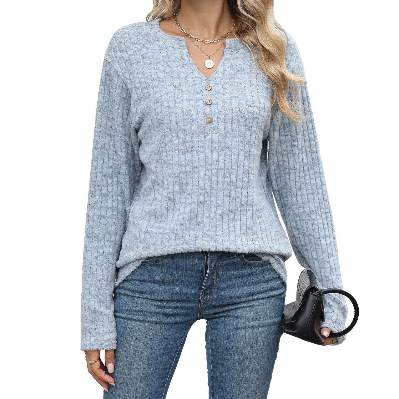 Women's Oversized V Neck Button Ribbed Long Sleeve Knit Top