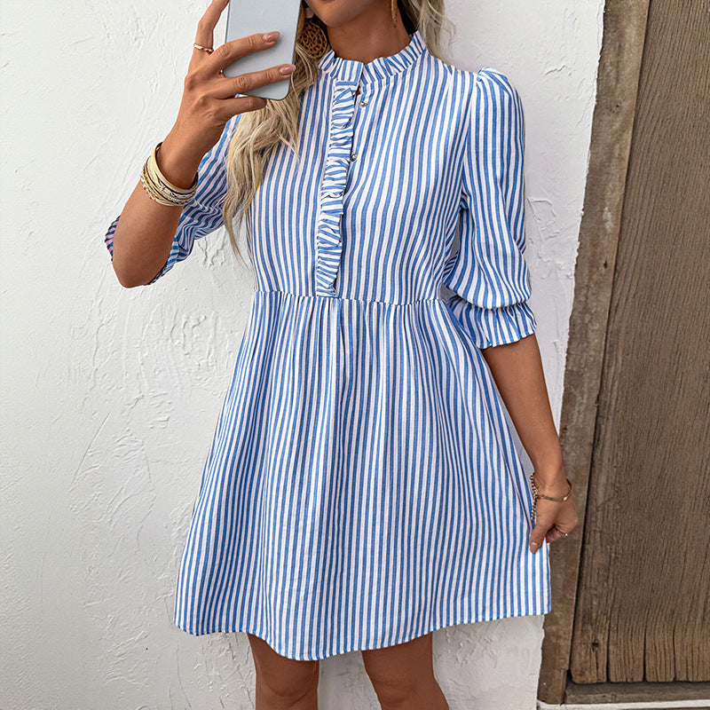 Blue Vertical Stripe Mini Dress with Half Sleeves