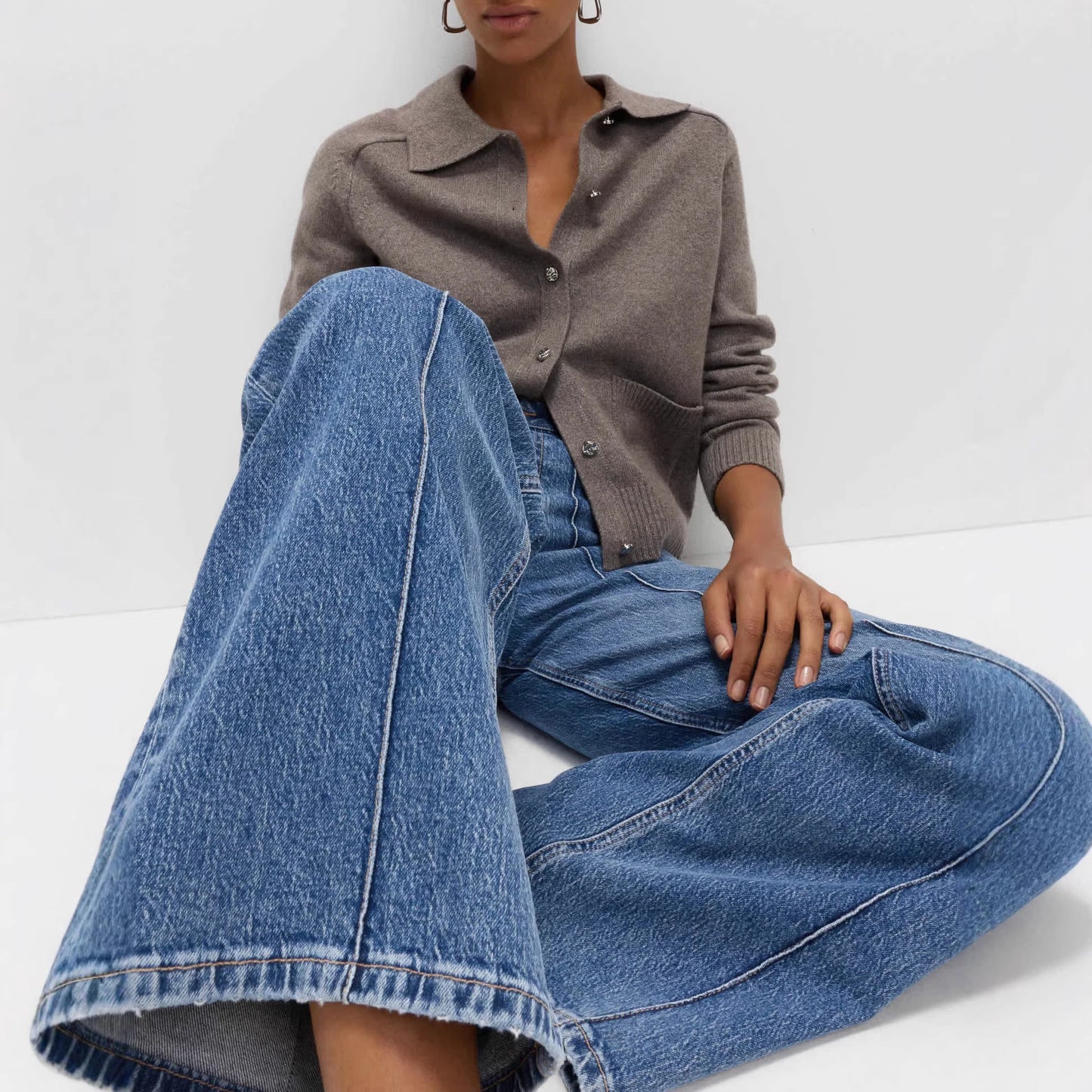 High Rise Seam Detail Wide Leg Denim Jeans