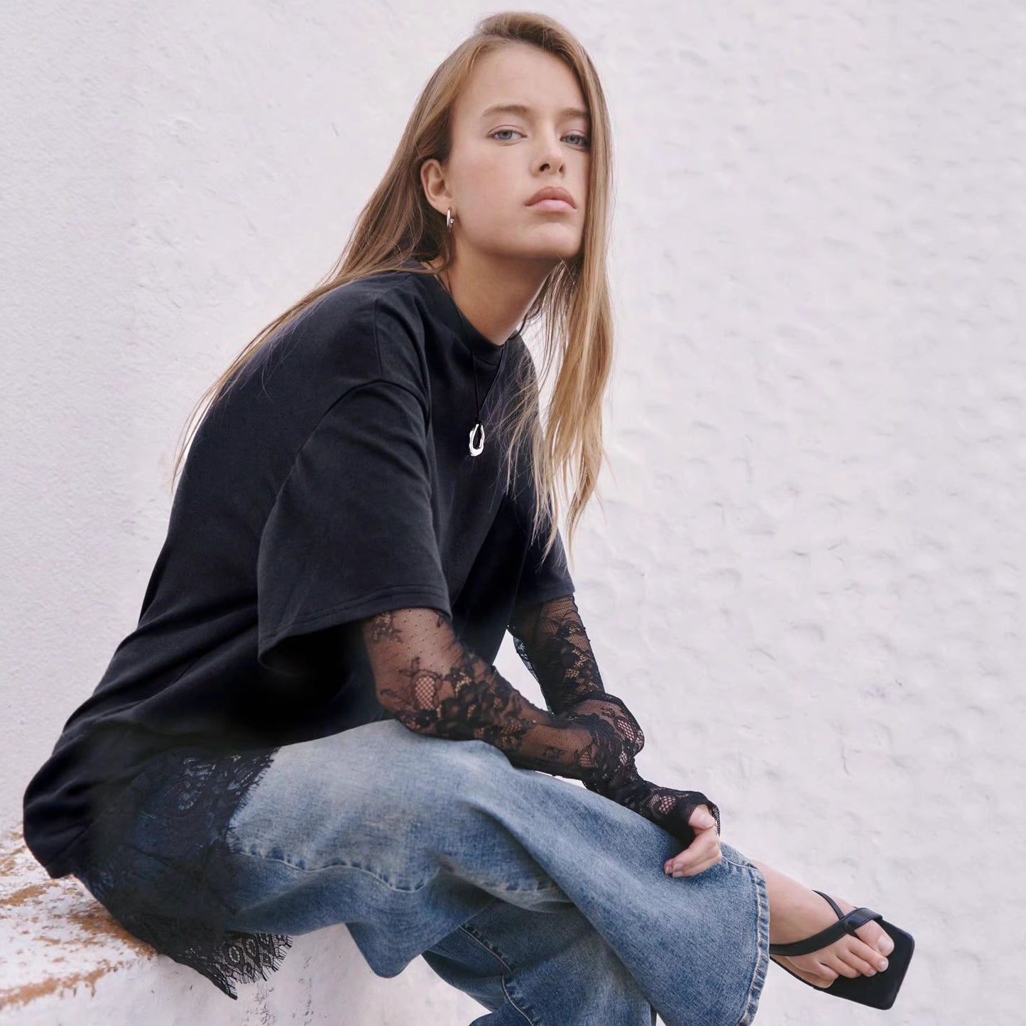 Women Lace Patchwork Sheer Sleeve Loose T Shirt