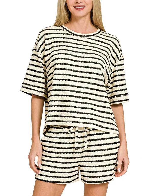 Striped Cotton Shorts Set Boutique Textured Knit Loungewear