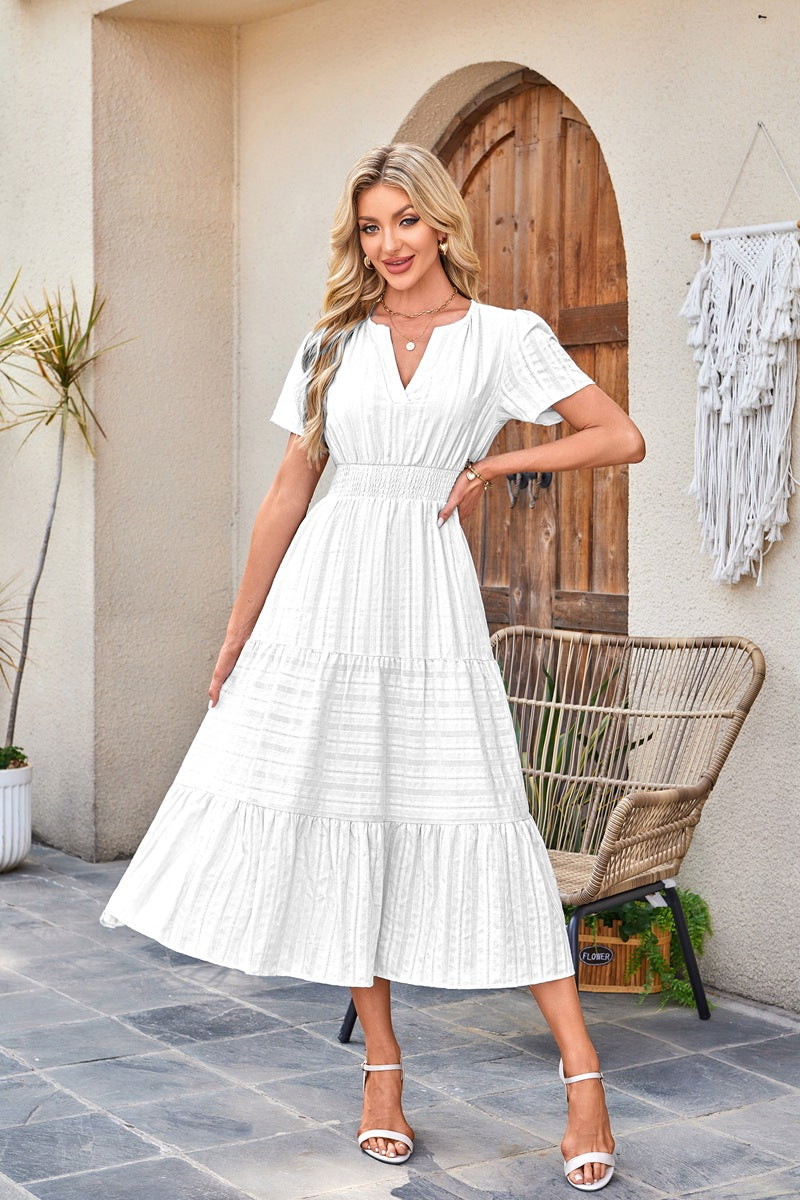V Neck Smocked Puff Sleeve Flowy Midi Dress for Women