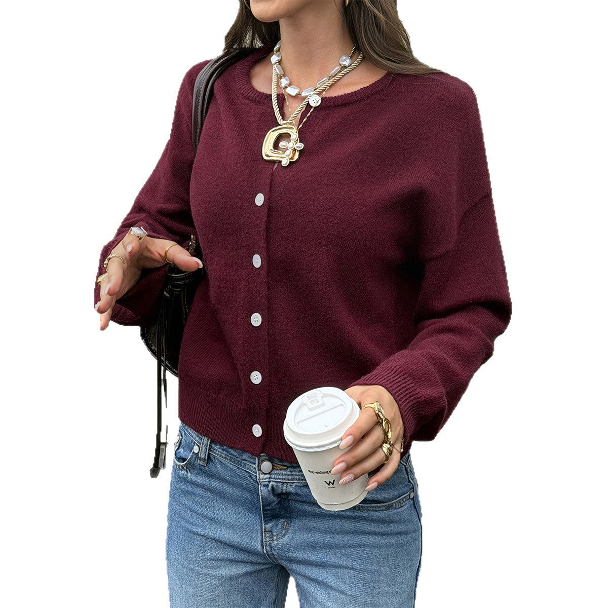 Women's Burgundy Cropped Knit Cardigan Button Up