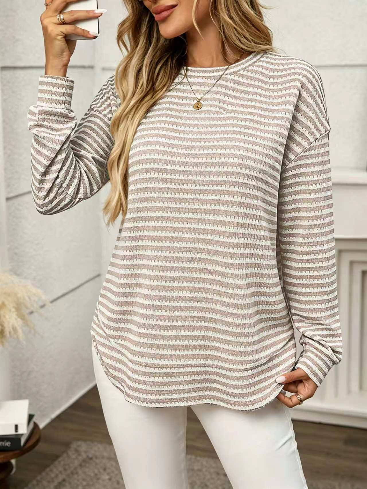 Waffle Knit Striped Long Sleeve Oversized Casual Top