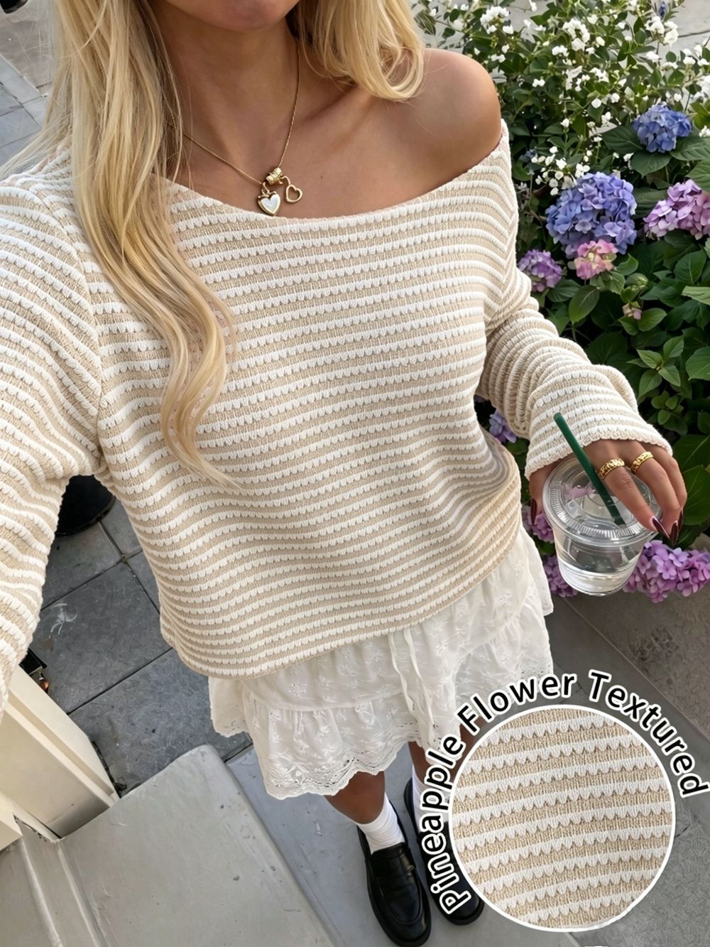 Women's Striped Textured Off Shoulder Long Sleeve Top