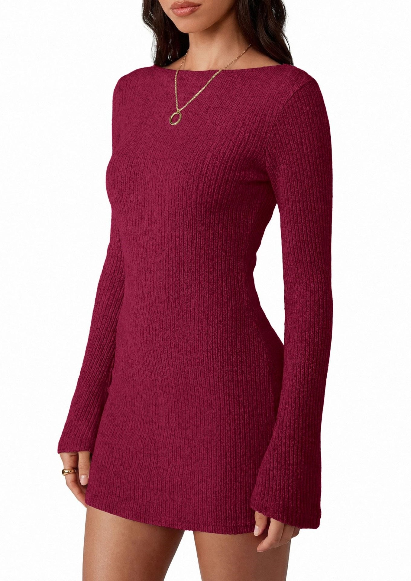 Ribbed Knit Mini Dress Long Sleeve Slim Fit Casual Style