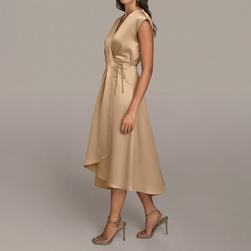 Elegant Sleeveless Satin Wrap Dress with Tie Waist for Women