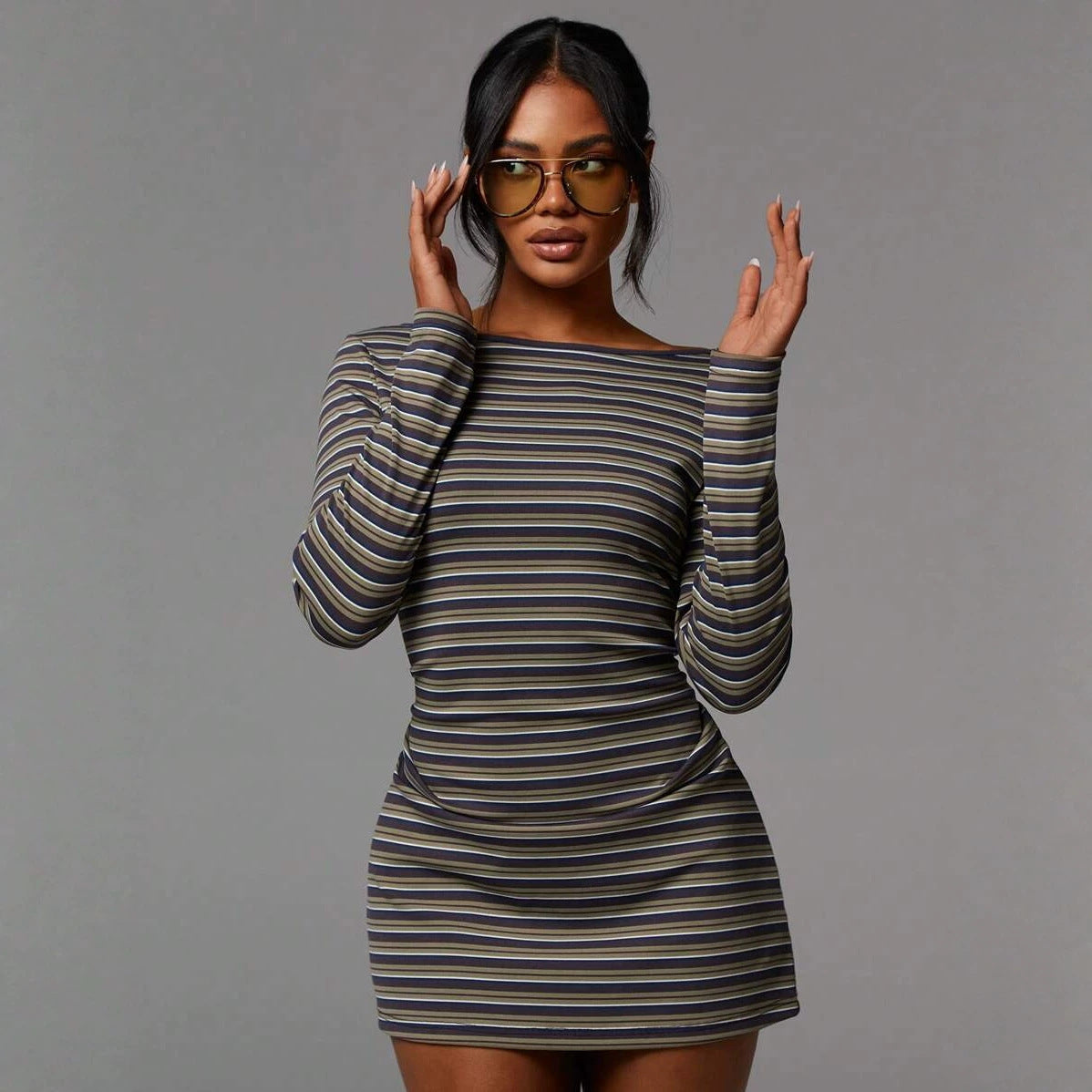 Striped Ribbed Mini Dress Boat Neck Long Sleeve Trendy Fit