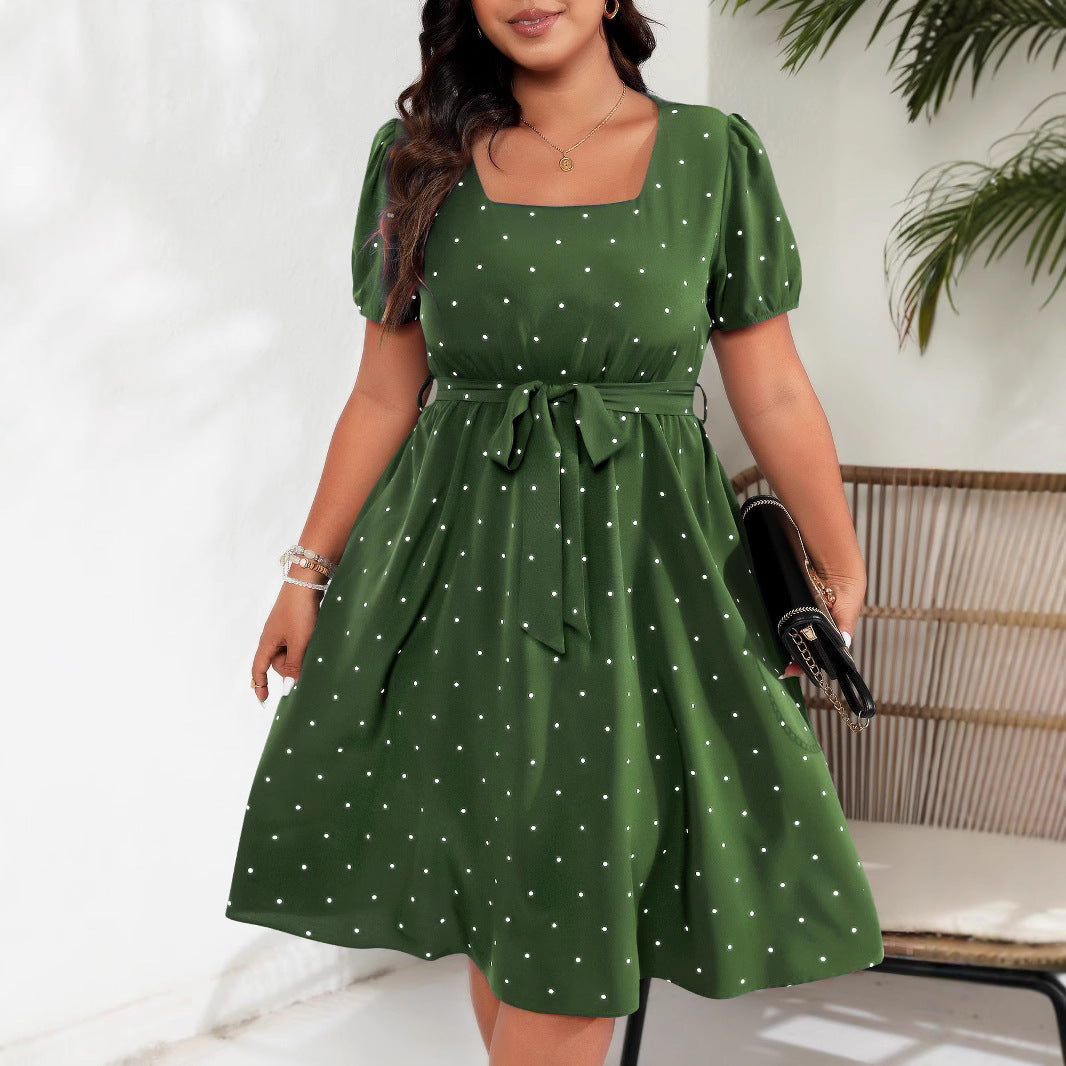 Plus Size Tie Waist Polka Dot Midi Dress
