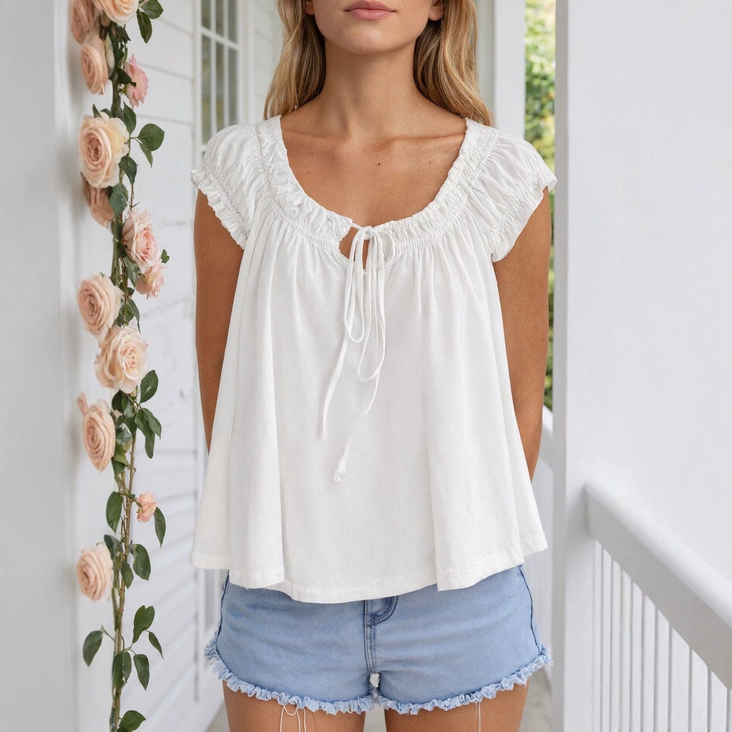 Solid Crinkle Blouse Casual Tie Neck Flutter Sleeve