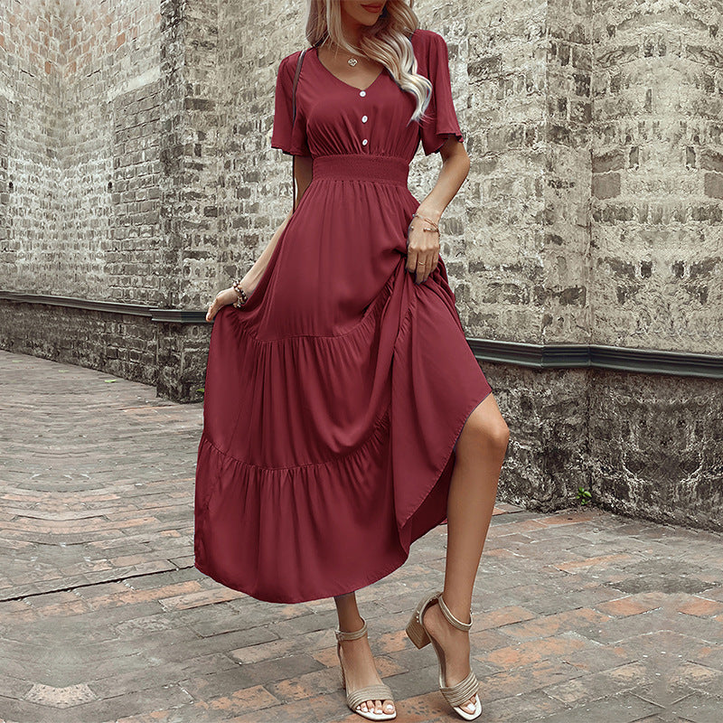 2026 Summer V Neck Smocked Waist Midi Dress