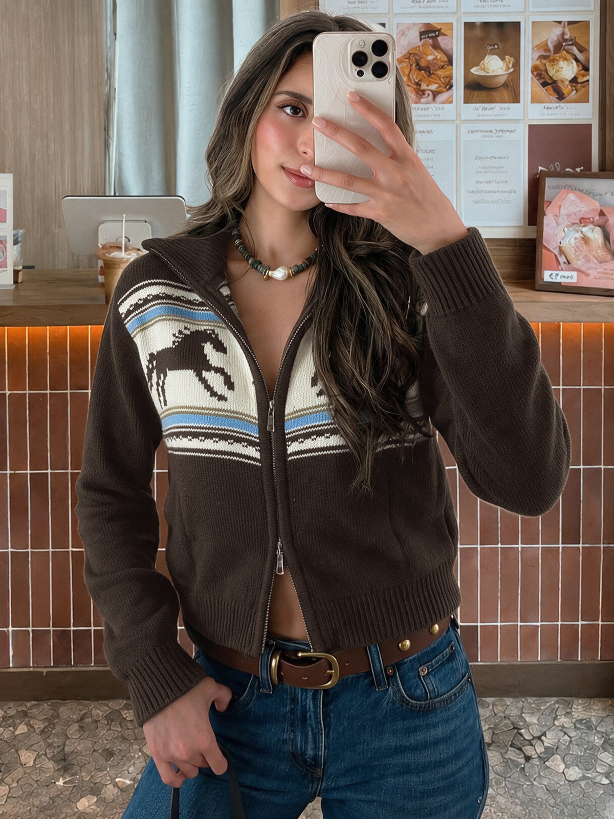 Women's Vintage Western Horse Zip Up Cardigan Sweater