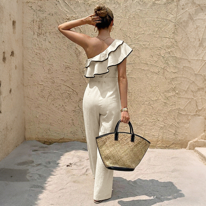 Women One Shoulder Ruffle Wide Leg Jumpsuit