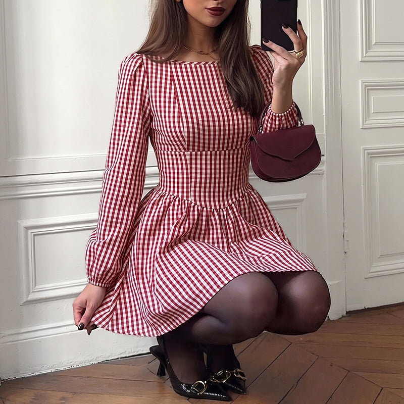 Gingham Bow Mini Dress Long Sleeve Sweet French Style
