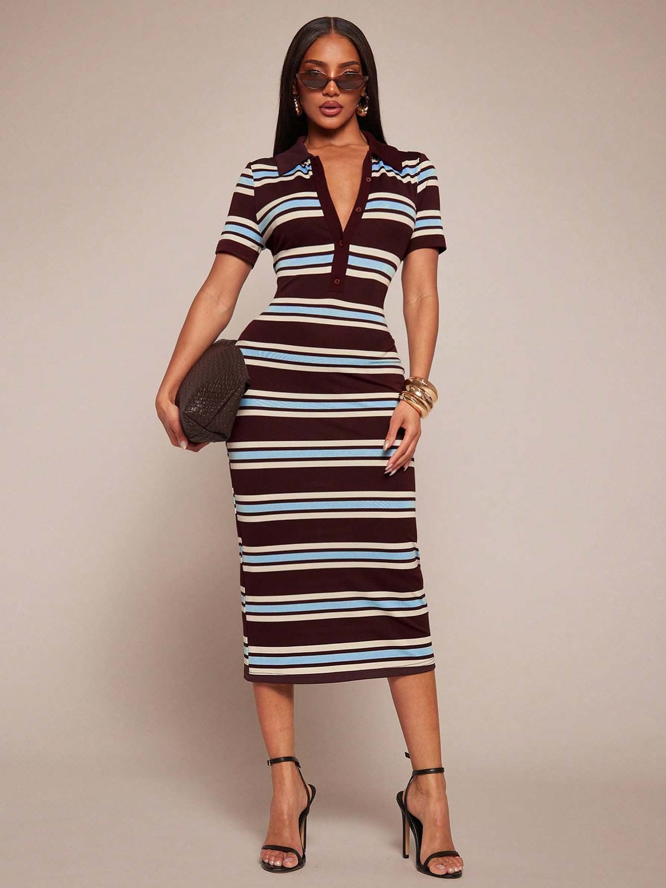 Striped Polo Collar Bodycon Midi Dress Short Sleeve Casual  Wear