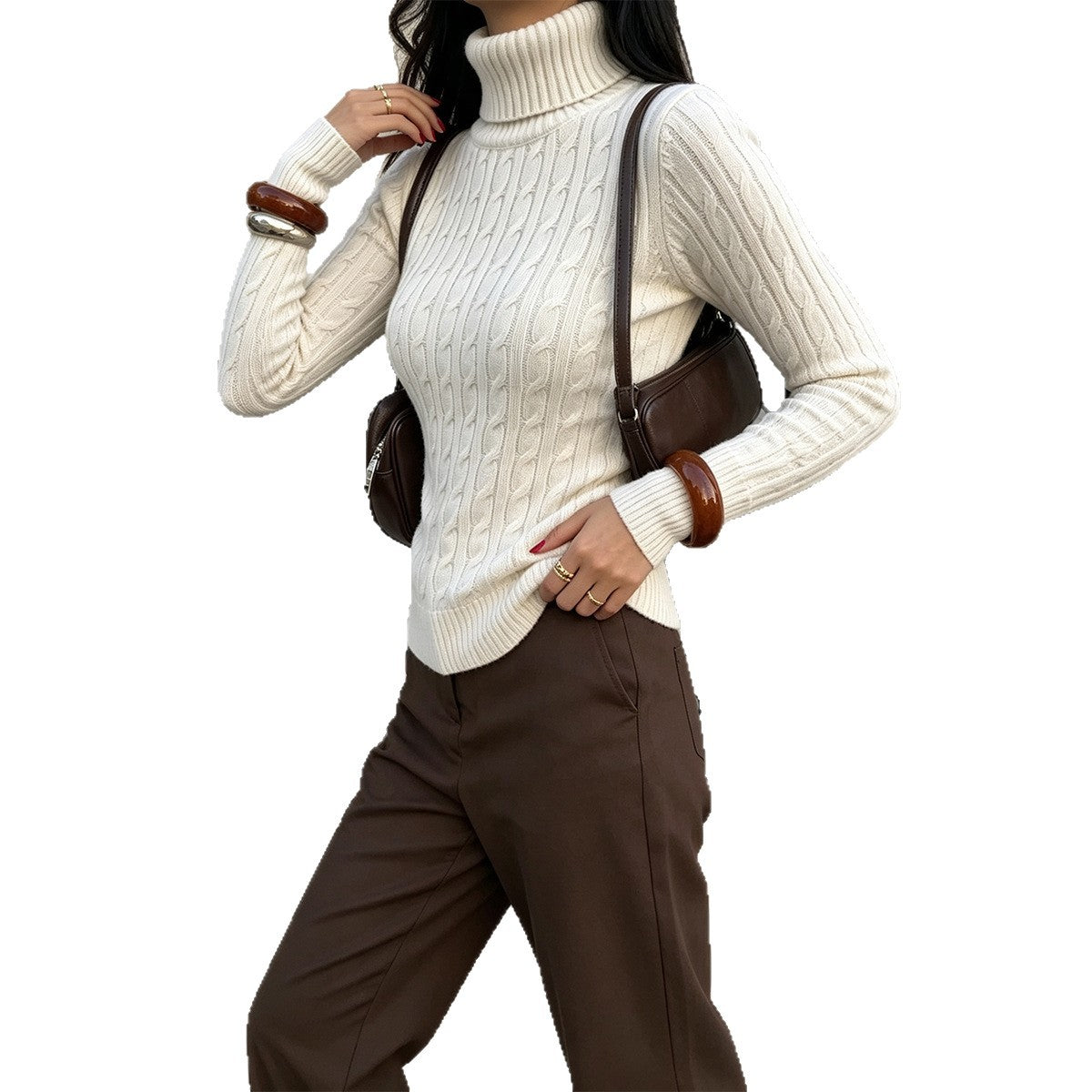 Women's Cable Knit Turtleneck Sweater Slim Fit Pullover